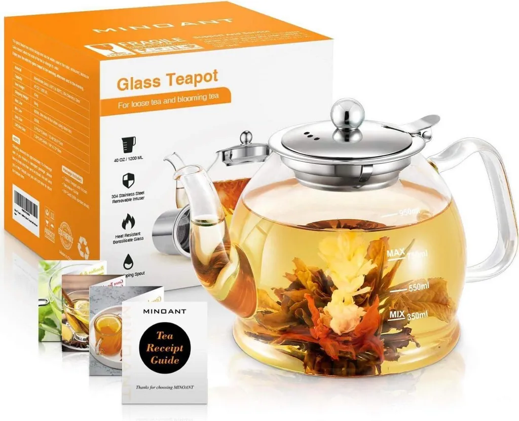 Teiera In Vetro Borosilicato 1L Con Colino - Resistente Al Calore, Coperchio In Bambù, Per Tè E Infusi, Regalo Ideale