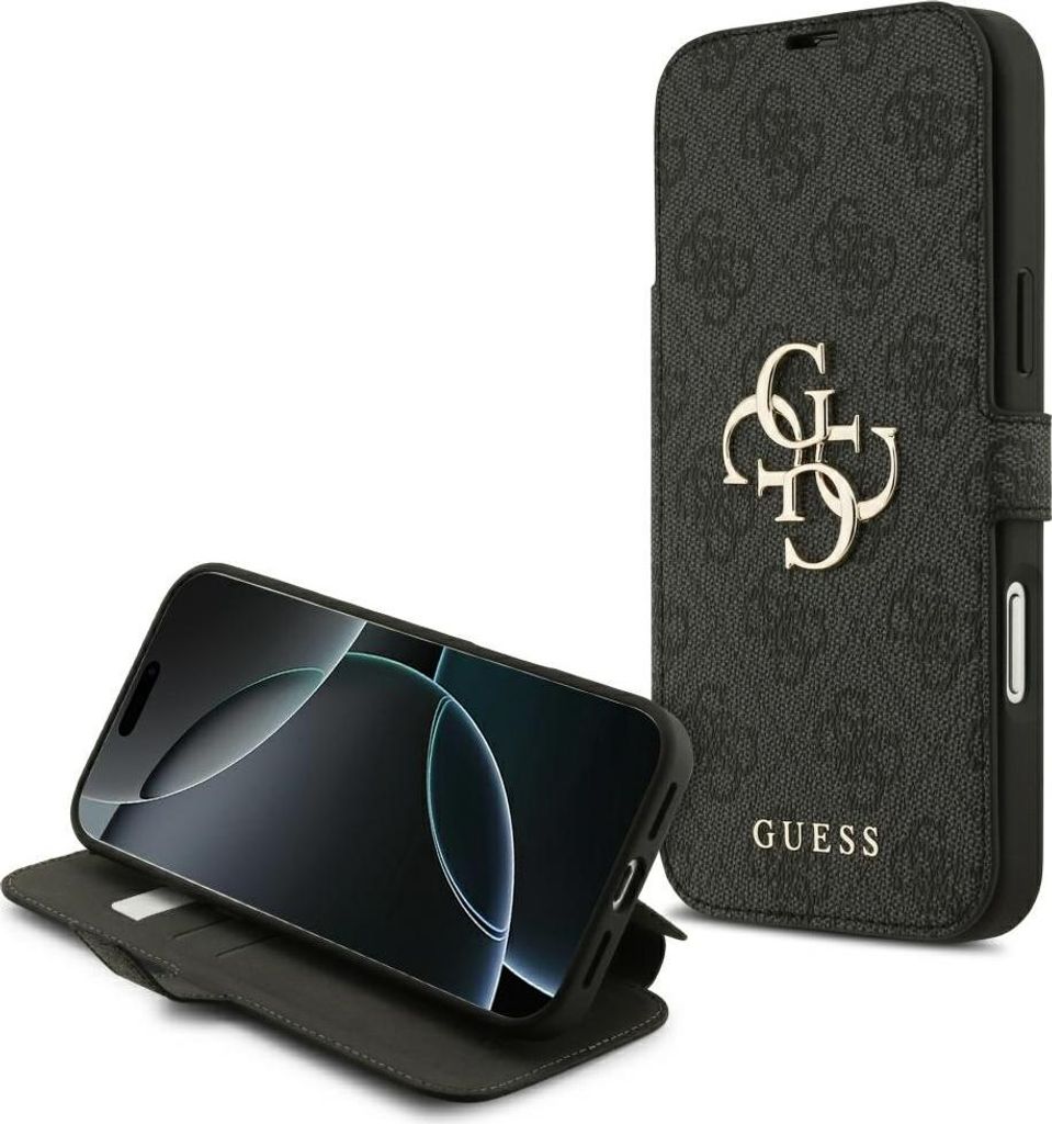 A black GUESS book case for an iPhone is shown with the phone inside, displayed on a white background.