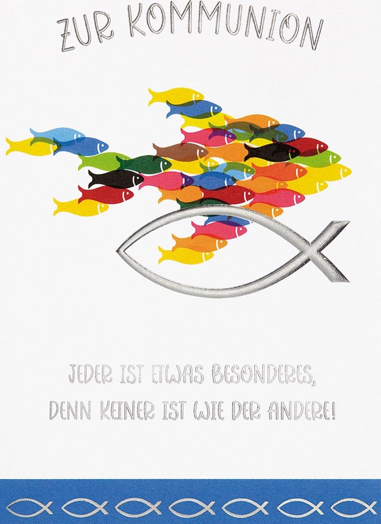 Kommunion Karte mit Umschlag, unverpackt, bunter Fisch, jeder ist besonders