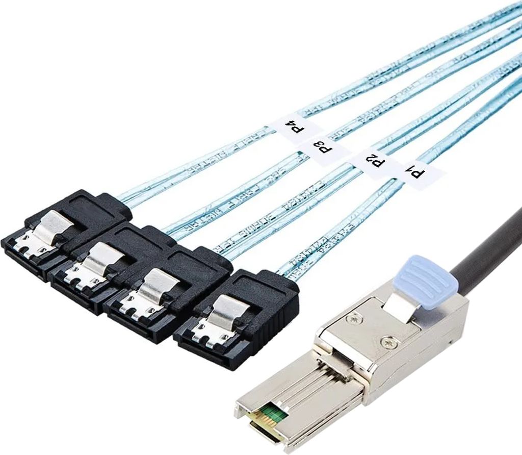 P84C Mini SAS SFF-8088 auf 4× SATA 7-Pin Splitter Kabel – Festplatten Datenkabel für Server & RAID, 1 m