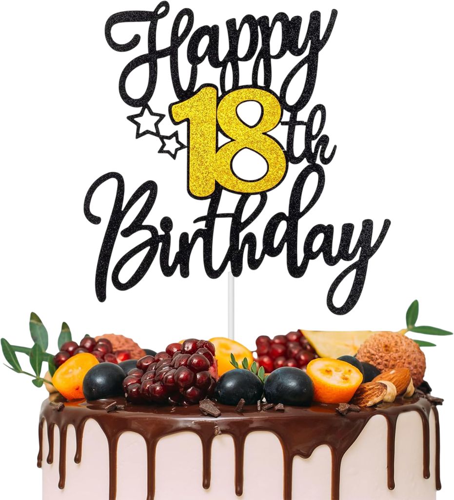 Kuchenaufsatz „Happy 18th Birthday“, 1 Stück, schwarz-goldene Glitzer-Kuchendekorationen, Geburtstags-Cupcake-Aufsatz zum Anstoßen auf 18 Jah...