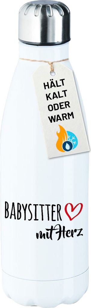Huuraa Trinkflasche Babysitter mit Herz 500ml White Edelstahl Wasserflasche Trinkflasche Geschenkidee