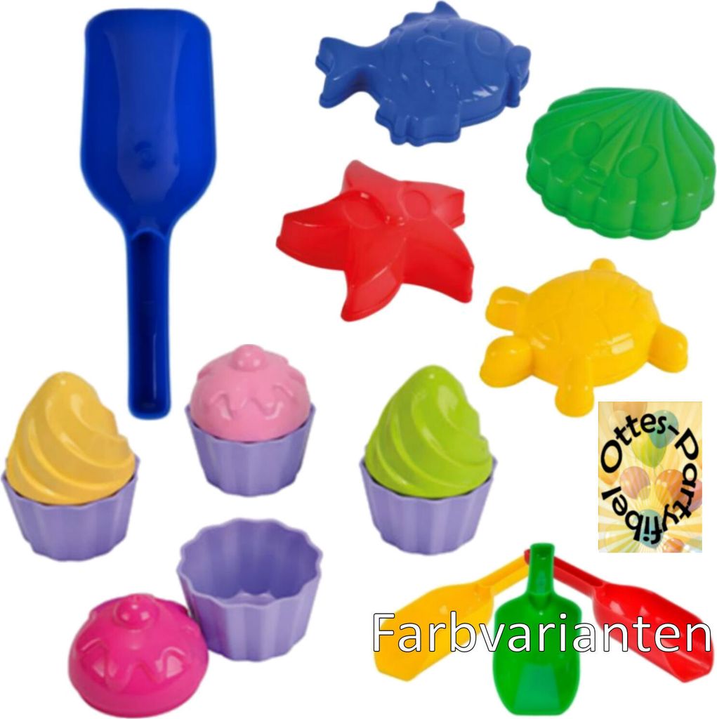 Sandspielzeug: 4 Sandförmchen + 8tlg. Cup Cake Set + 1 Mehlschaufel