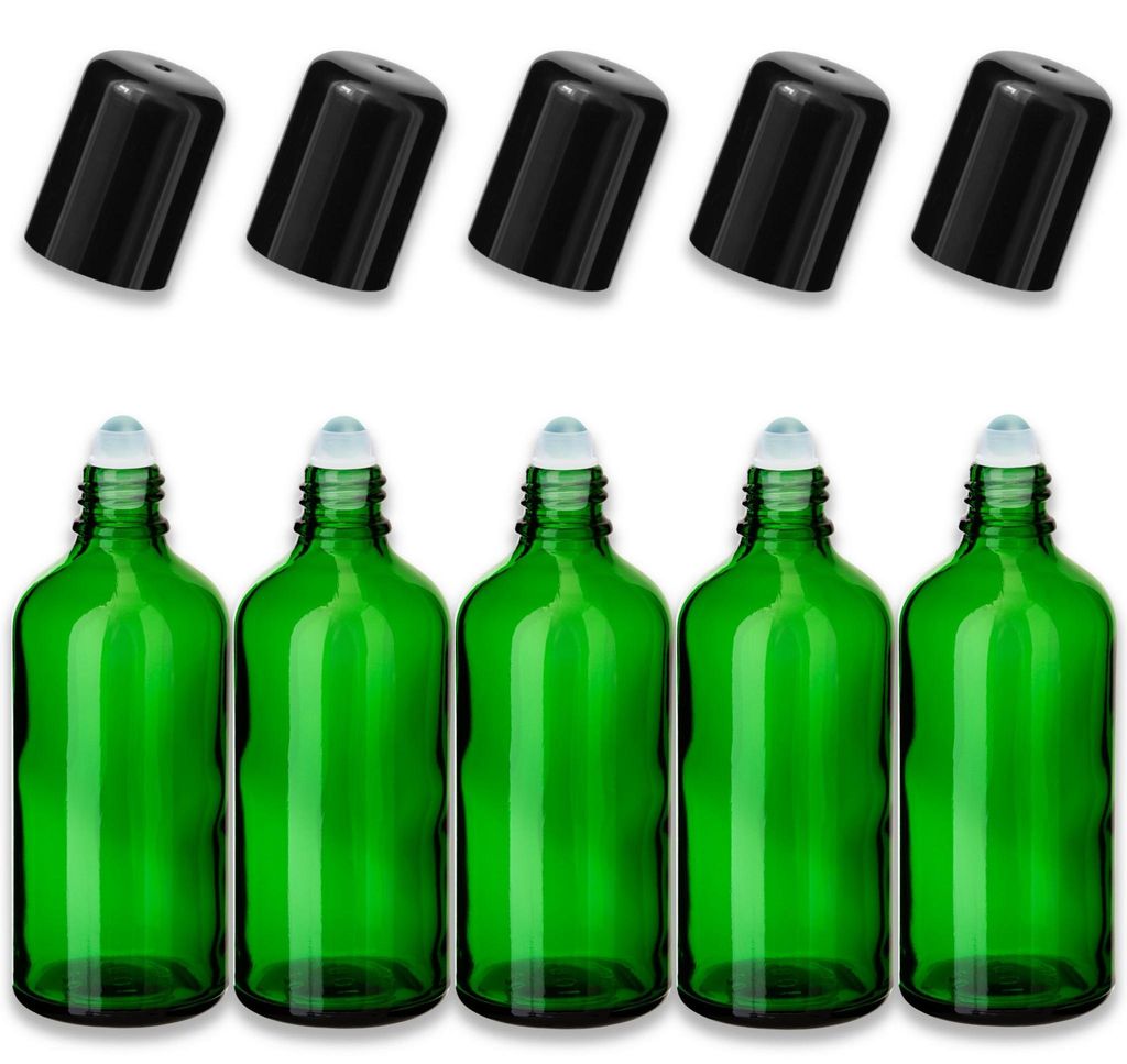 5x Grüne Glasflasche 100 ml Roll-On mit schwarzem Produktbild 