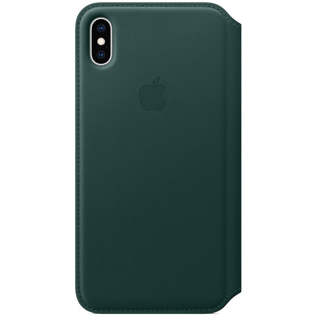 A dark green iPhone case with the Apple logo embossed on it.