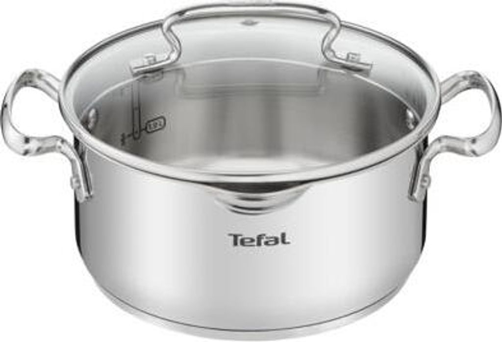 A stainless steel pot with a glass lid and handles.