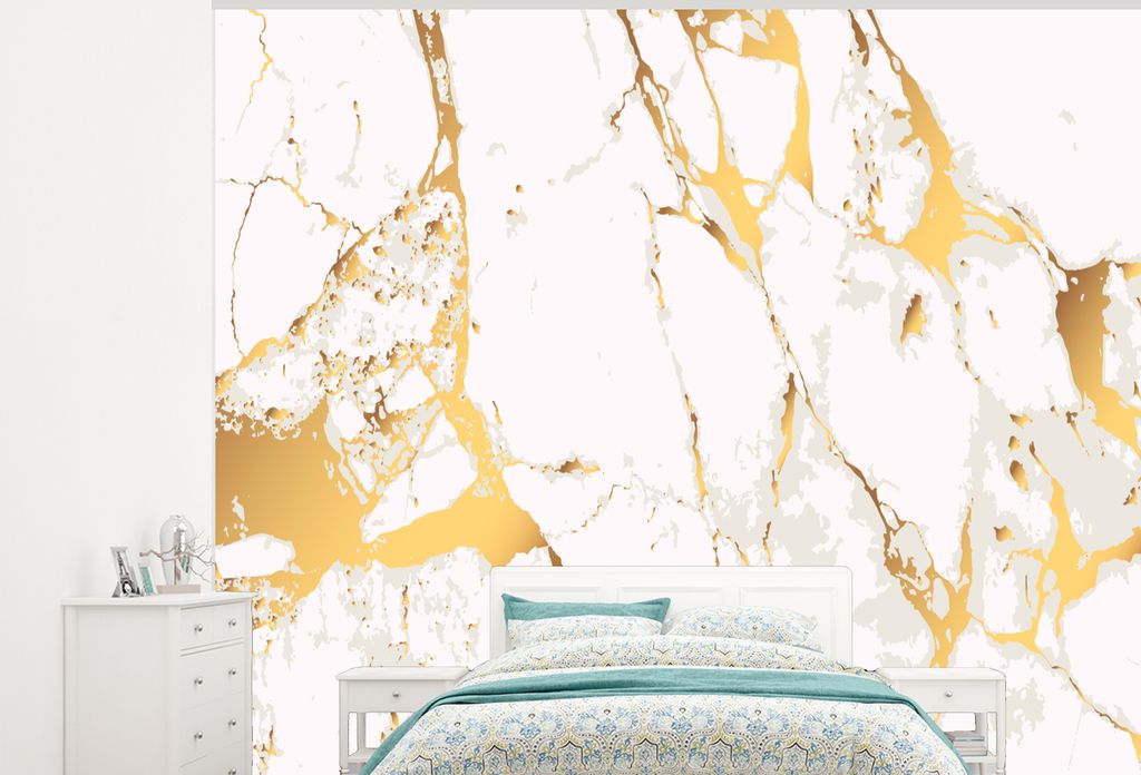 MuchoWow Fototapete für Wohnzimmer oder Schlafzimmer Wandtapete Vinyl Motivtapete Marmor - Gold - Weiß - Chic - 275x220 cm - Gemustert