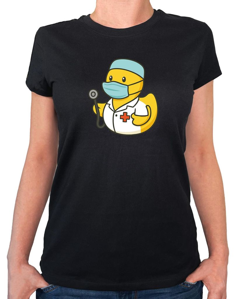 Huuraa Damen T-Shirt Quietscheente Medizin Comic Gummiente S Black Bio Baumwolle Fairtrade Damenshirt Geschenkidee