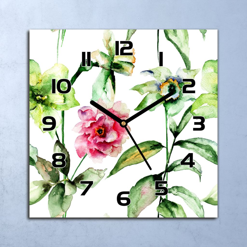 Wanduhr Echt-Glas-Küchenuhr Frühlingsblumen Quarz Lautlos 30x30 Deko Bilder