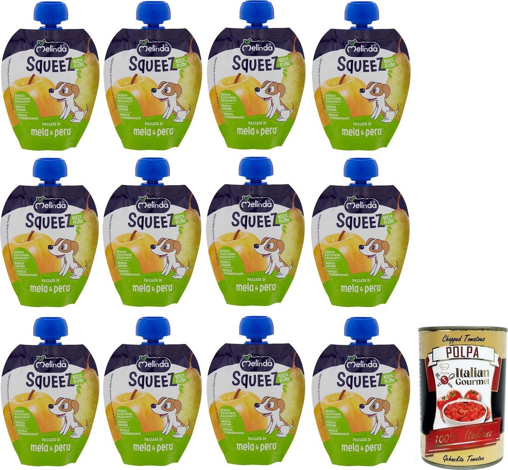 12x Melinda Passata di Mela & Pera,Squeez 100% Frucht,Apfel- und Birnenpüree,Obst zum Auspressen,90g + Italian Gourmet Polpa di Pomodoro 400g Dose