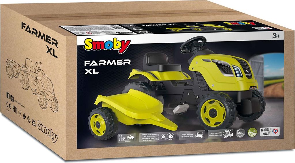 Tracteur à Pédales Farmer XL + Remorque Bleu - Smoby - Siège Réglable - Neuf
