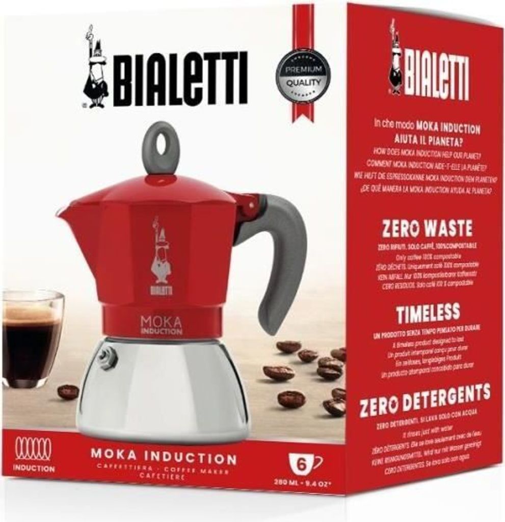 Italienische Kaffeemaschine Bialetti New Moka Induction, 6 Tassen, 0.28 L, Rot, Induktionsgeeignet
