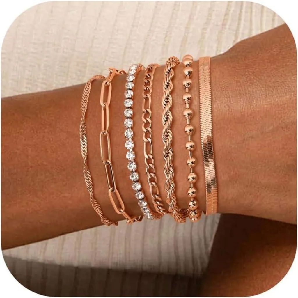 Adramata Ensemble de 7 Bracelets Chaînes Plaqué Or 14K pour Femme