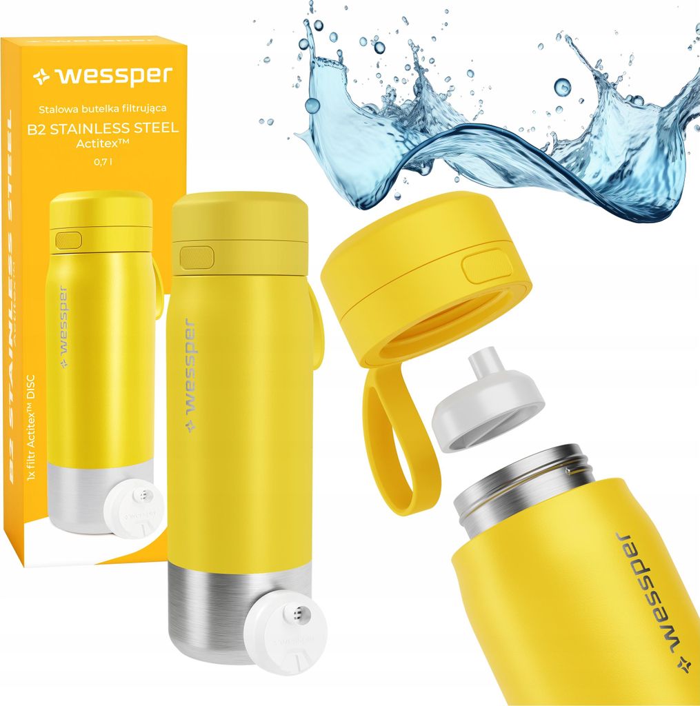Trinkflasche Wessper 700ml, Edelstahl Wasserfilter Verschluss BPA-frei, Gelb