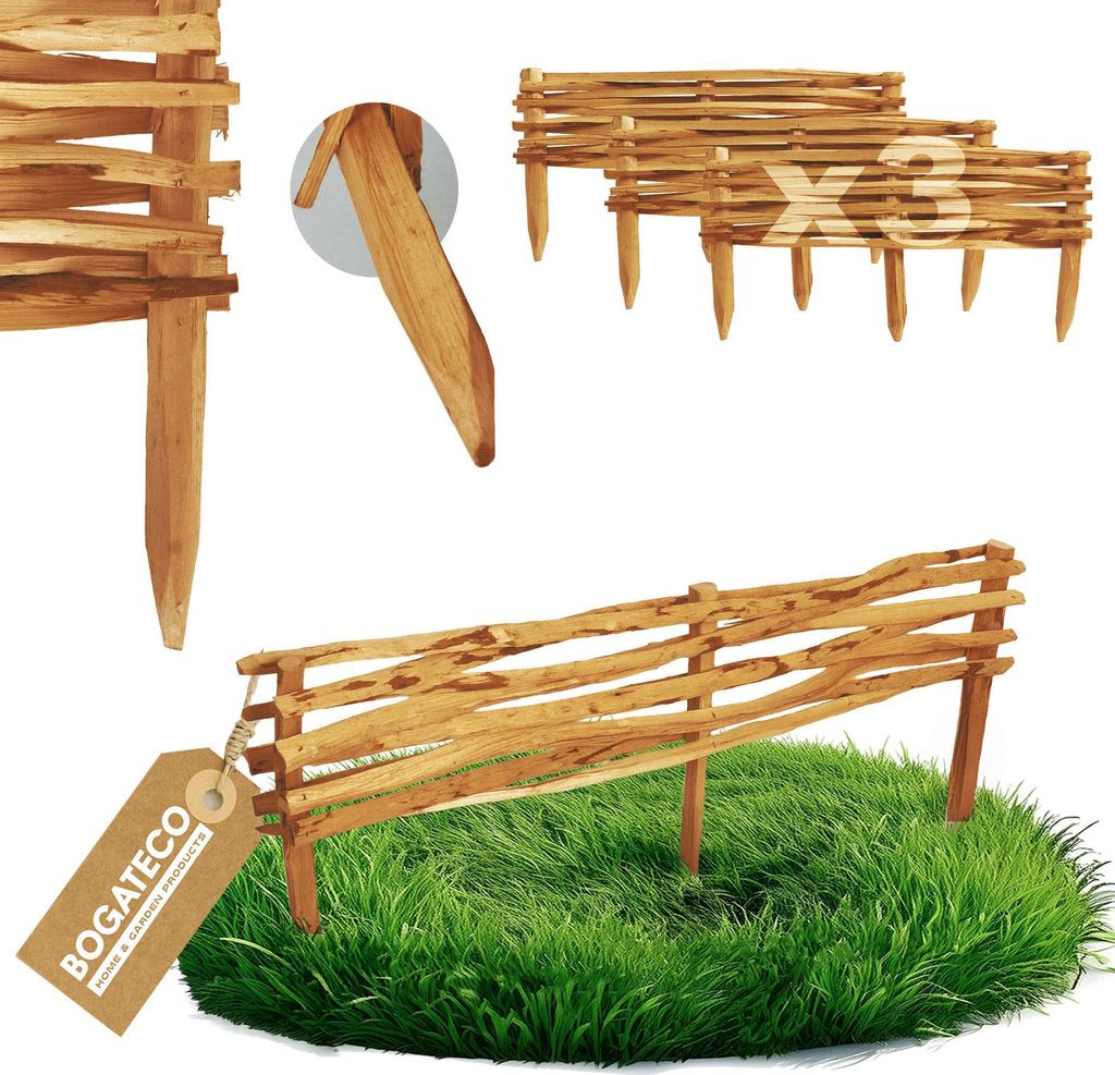 BOGATECO 3x Gartenzaun aus Haselholz 120cm x 20cm Beeteinfassung Rasenkanten Zaun Holz Beetumrandungen Staketenzaun | Braun