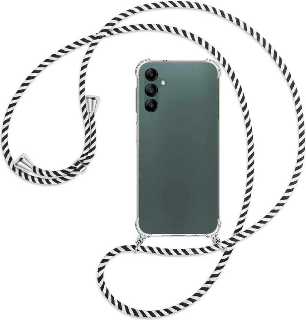 Handykette Backcover-Schutzhülle mit Band (Metall silberfarben) für Samsung Galaxy A14 5G - schwarz/weiß gestreift
