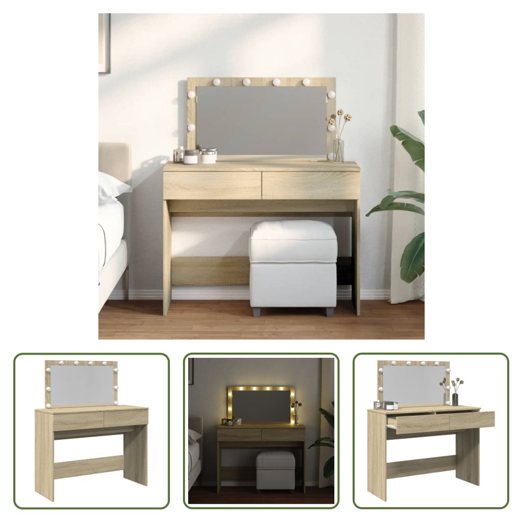 The Living Store Schminktisch mit LED-Beleuchtung Sonoma-Eiche 100x40x120 cm