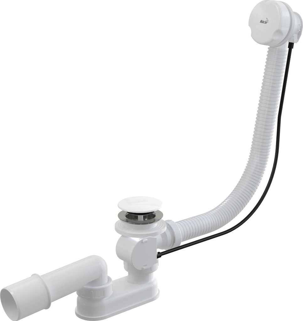 A white bathtub drain and overflow assembly with a flexible hose and a control knob.
