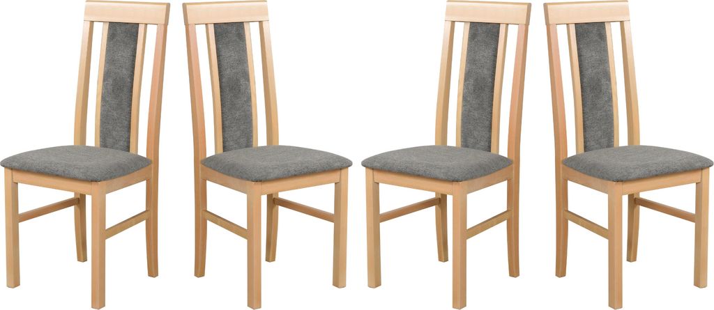 Four wooden dining chairs with gray upholstered seats and backrests are arranged in a row against a white background.