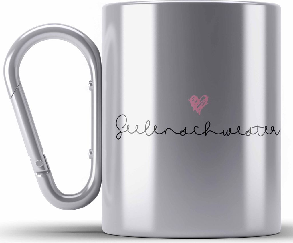 Trendation -Seelenschwester Edelstahl Tasse Karabiner Geschenk für Schwester Geschenkidee Beste Schwester Geburtstag (Silber)