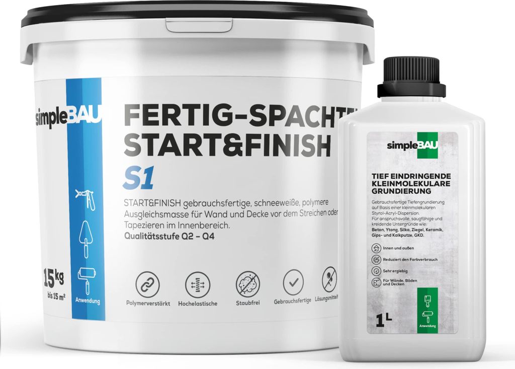 SimpleBau Spachtelmasse Start&Finish gebrauchsfertig zum Reparieren und Glätten von Wänden Perfekte weiße Farbe, 15kg + 1l Grundierung
