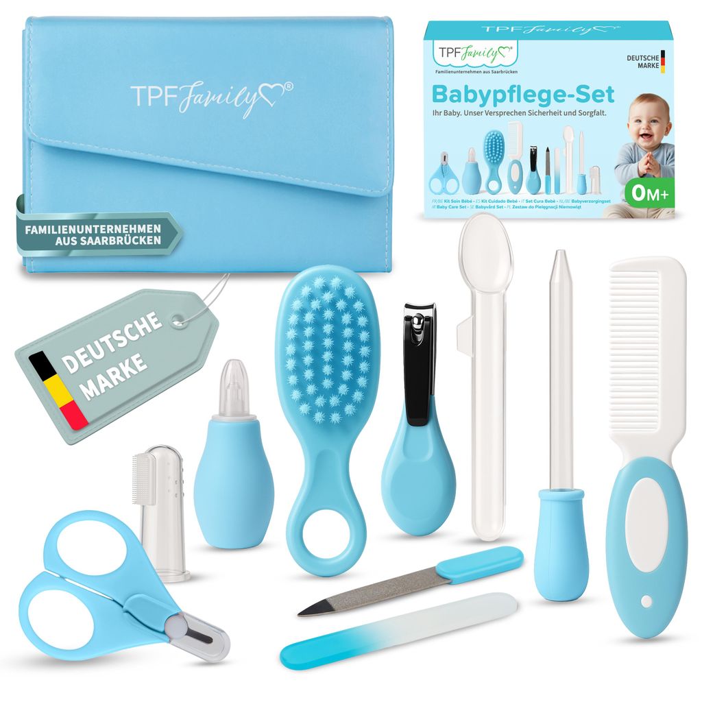 TPFFamily Baby Pflegeset Neugeborene – 10-teiliges Set mit hochwertiger Baby-Erstausstattung - Farbe Blau