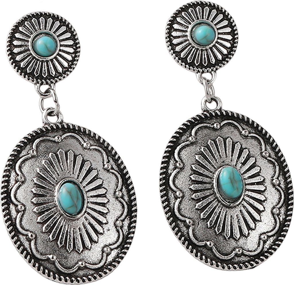 1 Paar Damen-Ohrringe, runde Form, ethnisch, Retro-Stil, Böhmischer Stil, Kunsttürkis, Edelstahllegierung, Ohrschmuck, lange Hängeohrringe