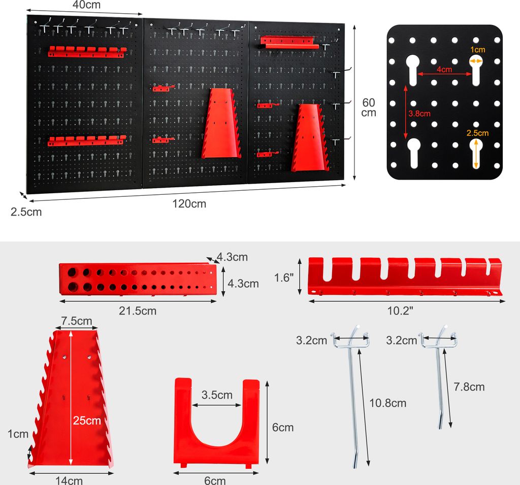 COSTWAY 120x60cm stěna na nářadí s 25 závěsnými doplňky, Obrázek produktu 5