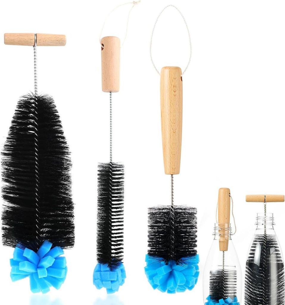 Flaschenbürste für SodaStream 35 cm, 3er Set, Reinigungsbürste für Glas- & Duo Kunststoffflaschen, starke Borsten, Schwamm, ergonomischer Griff
