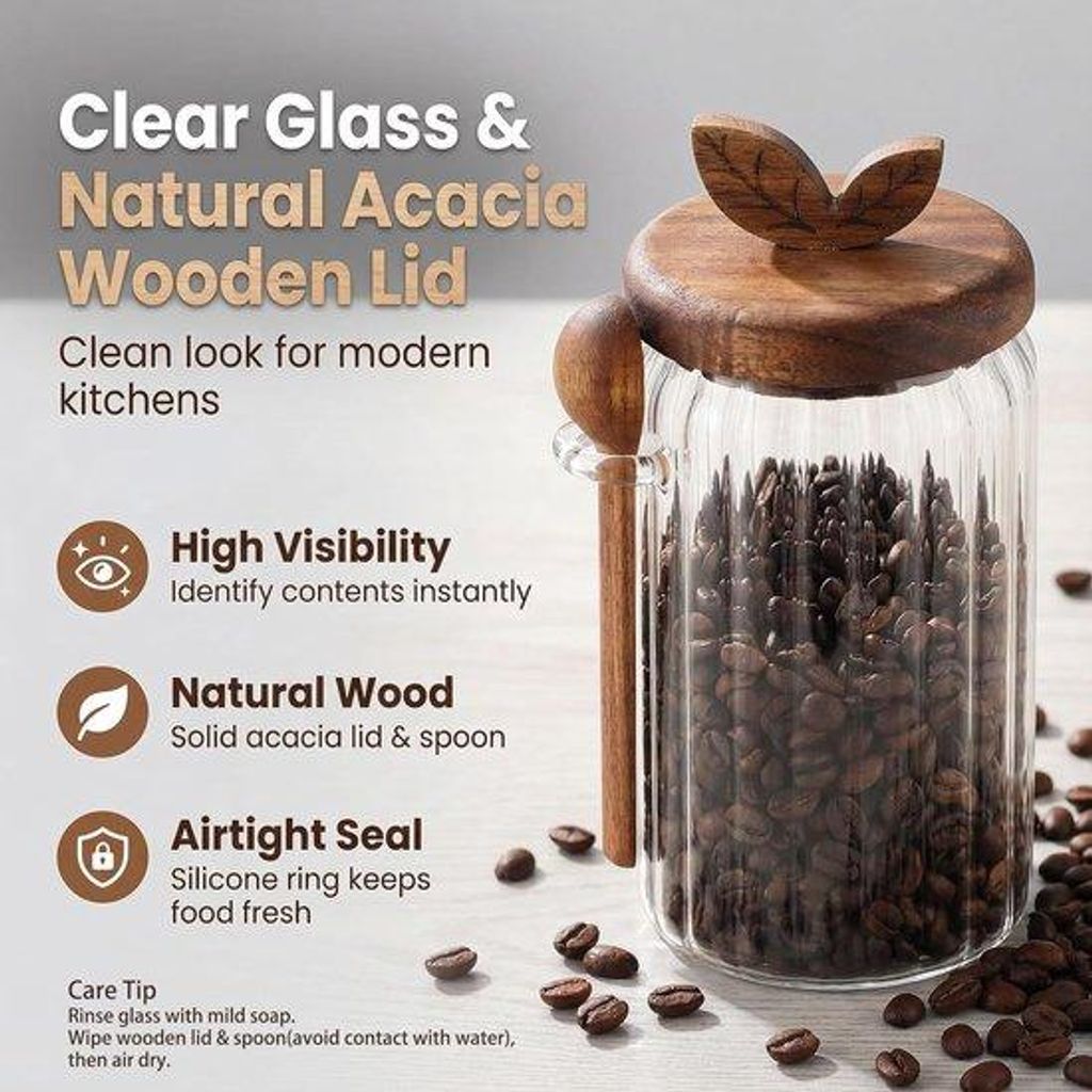 Luftdichtes Kaffee- und Snackbehälter mit Holzdeckel und Löffel, 500 ml Fassungsvermögen.