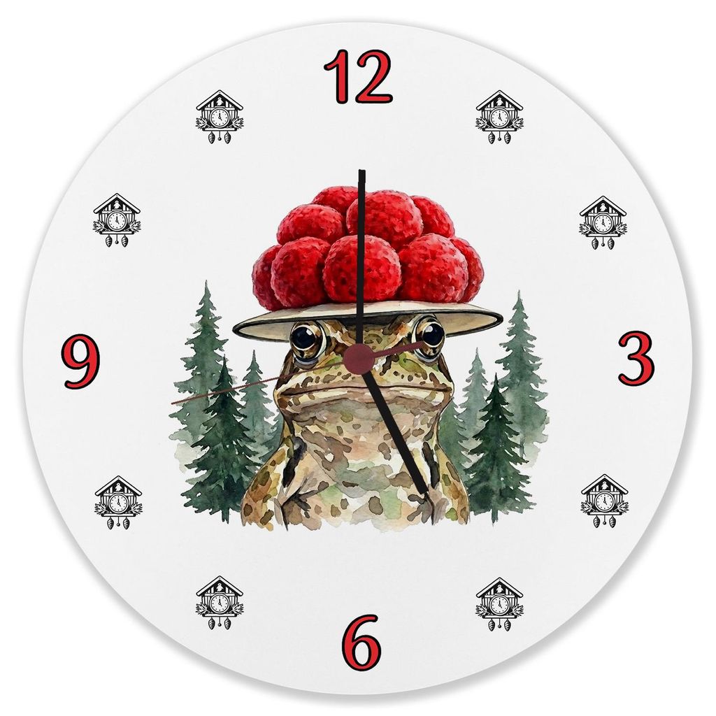 Grasfrosch mit Bollenhut Wanduhr aus Alu Schwarzwald Motiv
