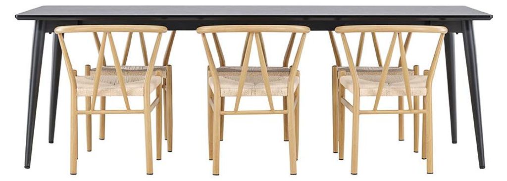 Ellis Essgruppe Tisch 85x230cm und 6 Rattan Stühle mit Armlehnen stapelbar schwarz.
