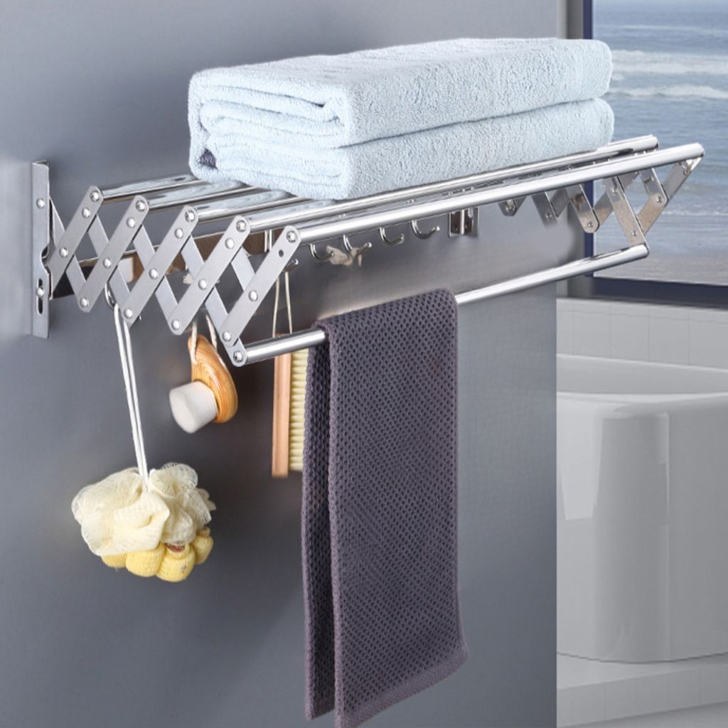 Wäscheständer, Handtuchhalter, ausziehbar, Wandmontage, mit 6 Stangen, 7 Handtuchhaken, Edelstahl Handtuchhalter, für Bad, Küche, Toilette