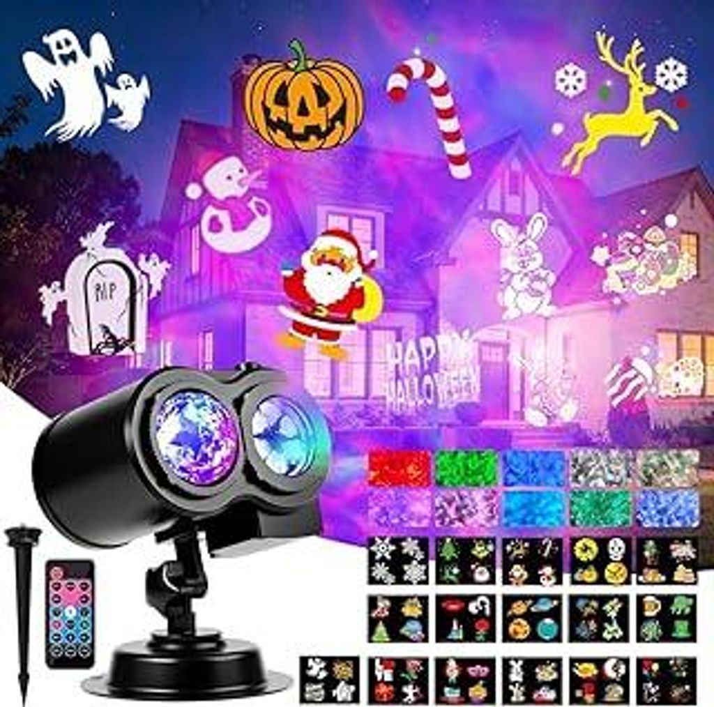 Weihnachten Halloween Outdoor Projektor mit 16 Folien 10 Ozeanwellen Effekt,2-in-1, 3D Dynamische Projektor, LED Projektionslampe, 180°-Verstellun...