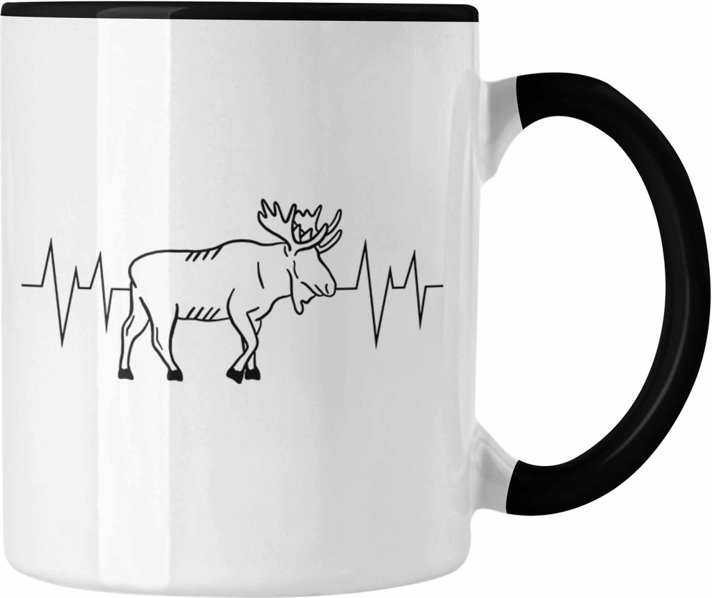 Trendation - Elch Herzschlag Tasse Geschenk für Elchliebhaber (Schwarz)