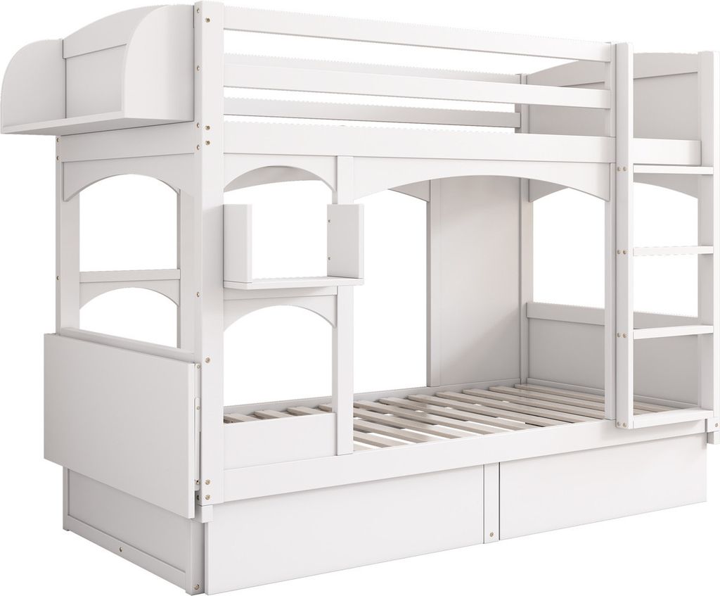 Kinder-Etagenbett,Doppelbett,multifunktionales Kinderbett,mit klappbarem Schreibtisch und Regal, mit Leiter und 2 Schubladen,Massivholz