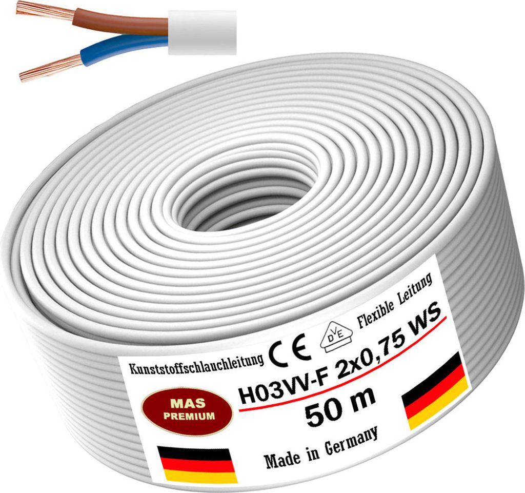 50m Kunststoffschlauchleitung H03VV-F 2x0,75 Weiß Flexible Leitung Gerätekabel