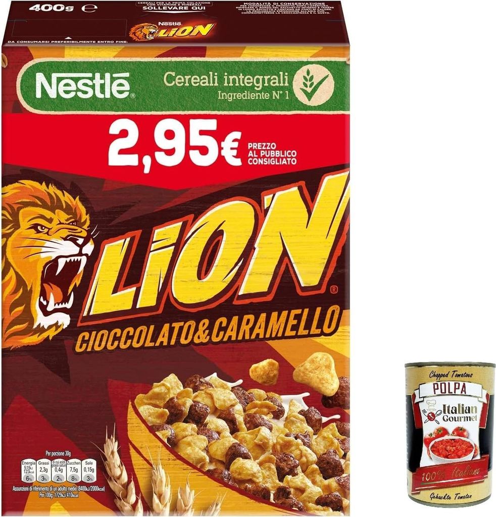 3x Nestlé Lion Cereali Integrali Cioccolato e Caramello Getreide Vollkorn Cereals mit Schokolade und Karamell 400g + Italian Gourmet polpa 400g