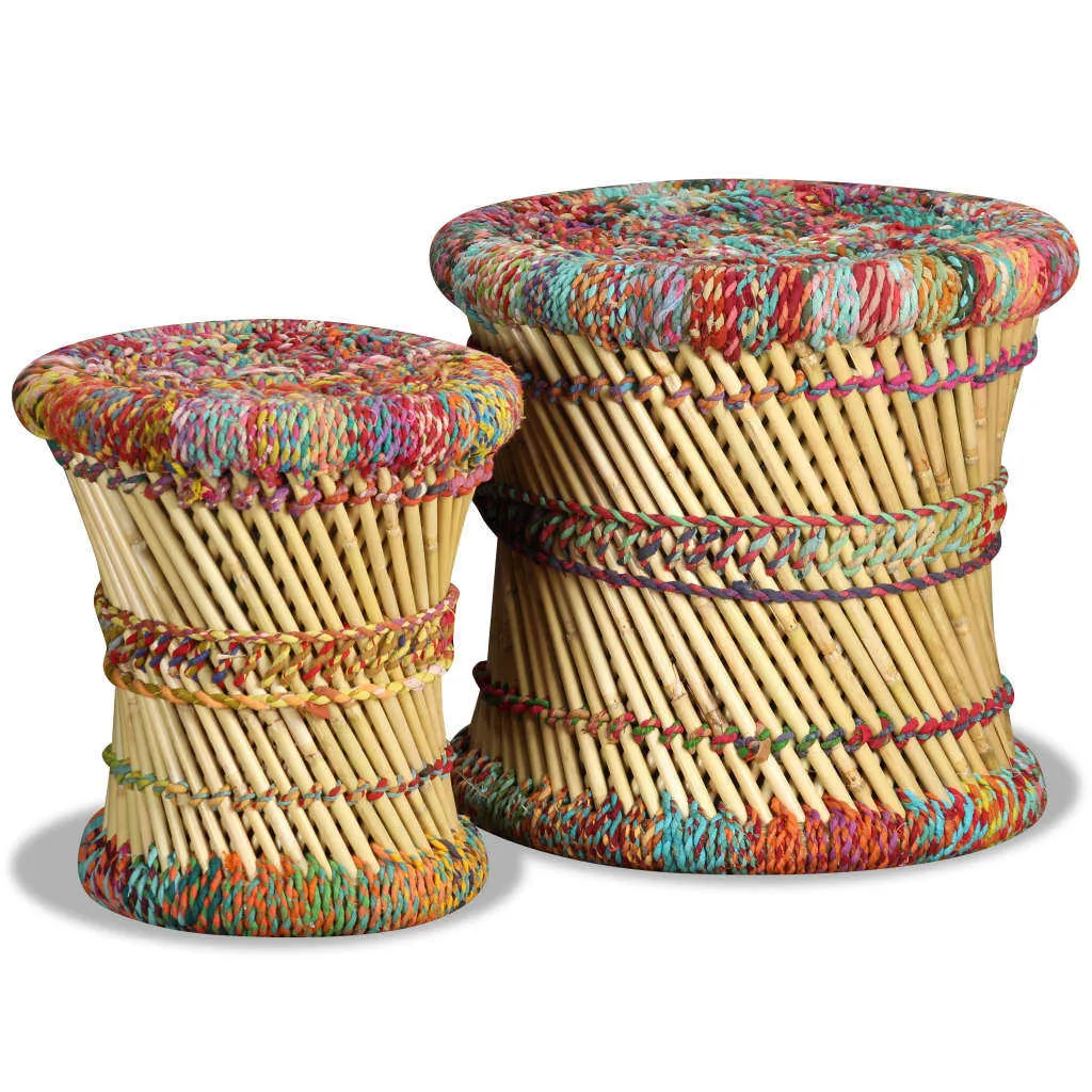 Lot de 2 tabourets décoratifs en bambou et tissu chindi multicolore