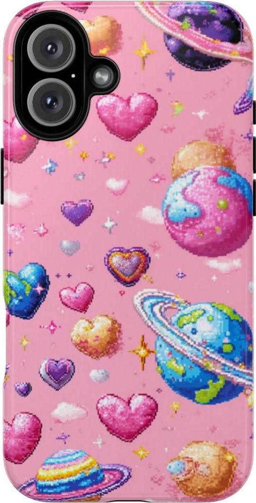 Pixel-Herzen und Planeten – Hülle Kompatibel mit iPhone 16 Plus