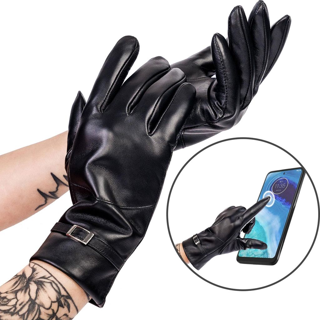 Rovicky | Warme Damen Lederhandschuhe mit Schnalle - M