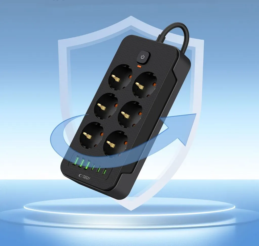 Multipresa Design Tech-Protect PC6X6: 6 Prese, USB-C, Cavo 2m Nero - 4