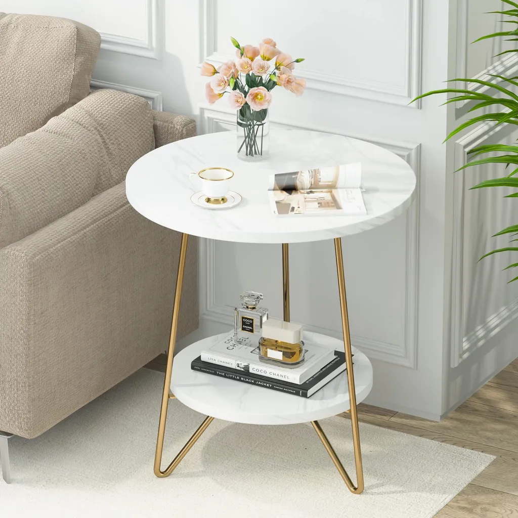 Petite Table de Chevet Ronde Dorée et Marbre pour Chambre à Coucher Chic