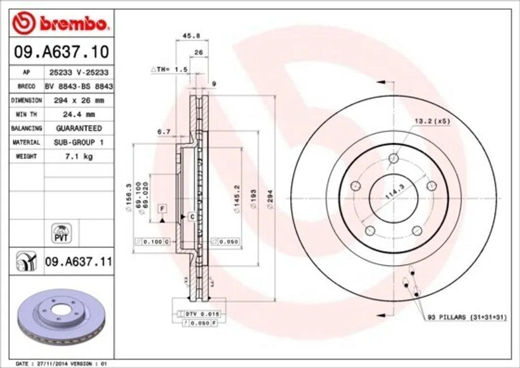 Disque de frein ventilé avant pour SUV Compass et berline Sebring
