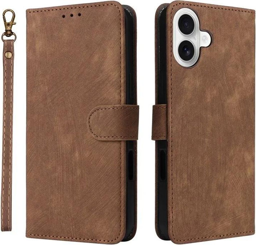 Hülle für Apple iPhone 16 Plus - Phonesta Vintage Skin Book Wallet Klapphülle mit abnehmbarer Kordel - Braun