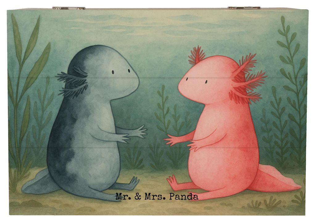 Mr. & Mrs. Panda Kiste Axolotl Liebe Design 22 x 15 cm - Weiß - Geschenk, Axolot, Schatzkiste, Ehemann, schatztruhe, Truhe, Holzkiste, Erinnerungs...