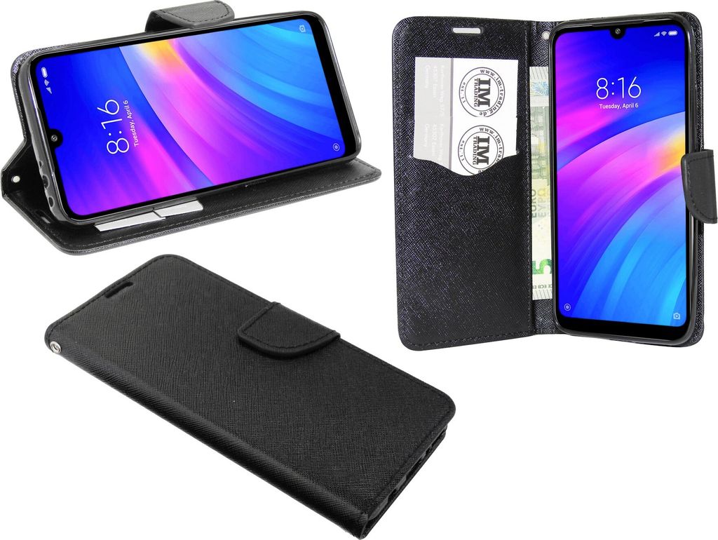 cofi1453 Buch Tasche "Fancy" kompatibel mit XIAOMI REDMI 7 Handy Hülle Etui Brieftasche Schutzhülle mit Standfunktion, Kartenfach Schwarz