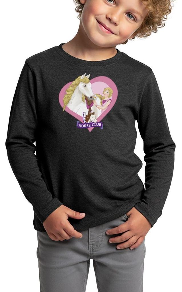 Spreadshirt Schleich Horse Club Sofia & Blossom Herzmotiv Kinder Premium Langarmshirt, 98/104 (2 Jahre), Anthrazit meliert