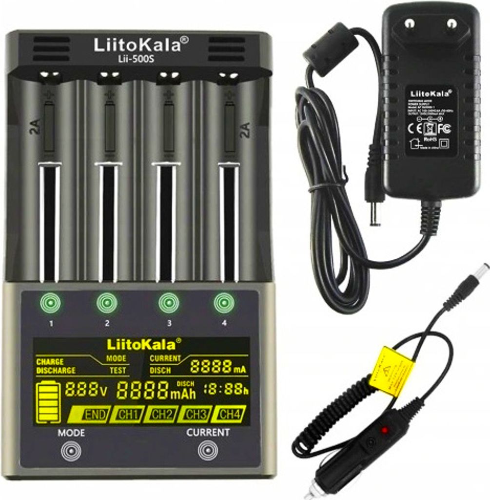 A LiitoKala Lii-500S universal battery charger with its accessories, including a wall adapter and a car charger, displayed on a white background.