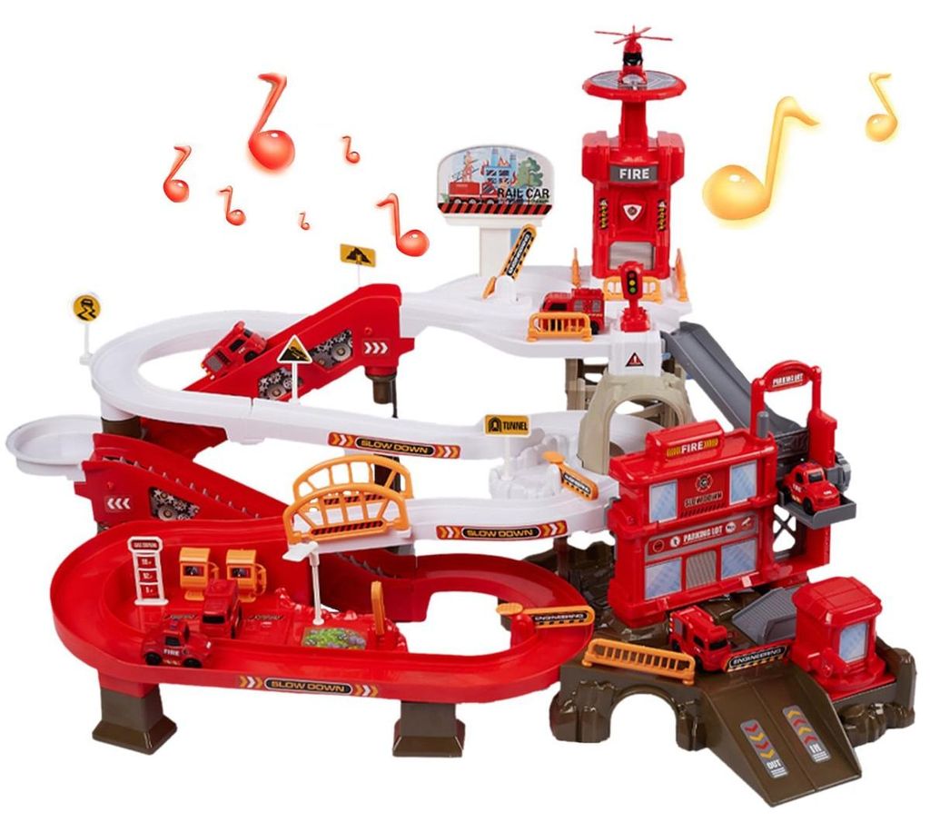 Interaktives Spielset mit Rennstrecke und Parkplatz zum Selberbauen fuer Kinder, mit Musik, 4 Etagen, lehrreich und unterhaltsam, Montessori-STEM, ...